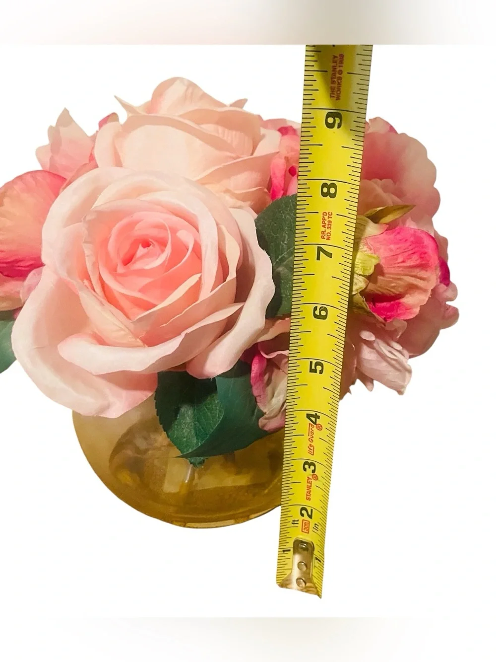 Blush Pink Faux Rose Arrangement in Amber Glass Vase | Boho Coastal Vanity Decor